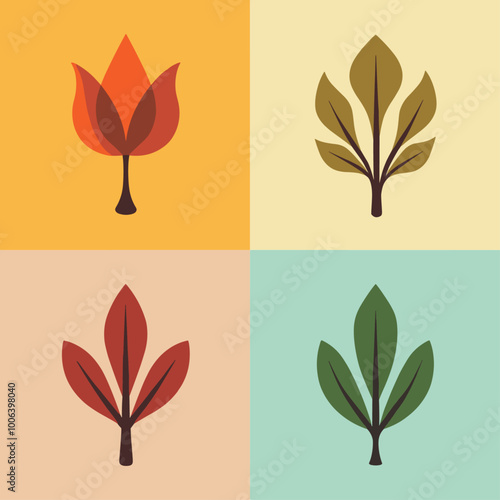 A modern illustration featuring four stylized trees in various shapes and colors, depicting different seasons and design styles against quadrants of colorful backgrounds.