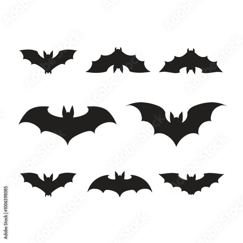 Silhouettes of various bat species showcasing different wing spans and positions on a white background.