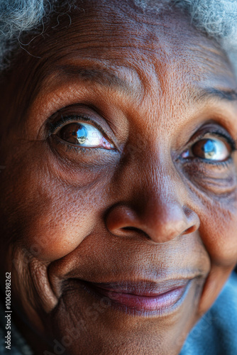 An African American grandmother with big, beautiful eyes, wide with surprise and delight, her face radiating happiness in a close-up portrait that captures her joyful spirit.