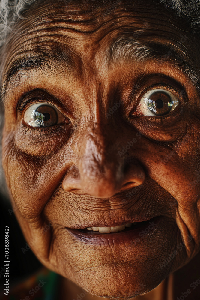 A Brazilian grandmother with big, beautiful eyes filled with surprise and delight, her face reflecting joy and love in a close up portrait that showcases her vibrant spirit. A Brazilian grandmother with big, beautiful eyes filled with surprise and delight, her face reflecting joy and love in a close up portrait that showcases her vibrant spirit.