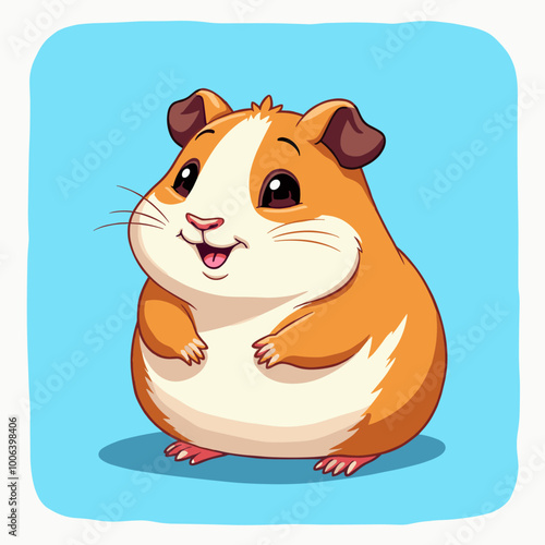 Cute cartoon hamster with orange and white fur looking happy on a blue background.