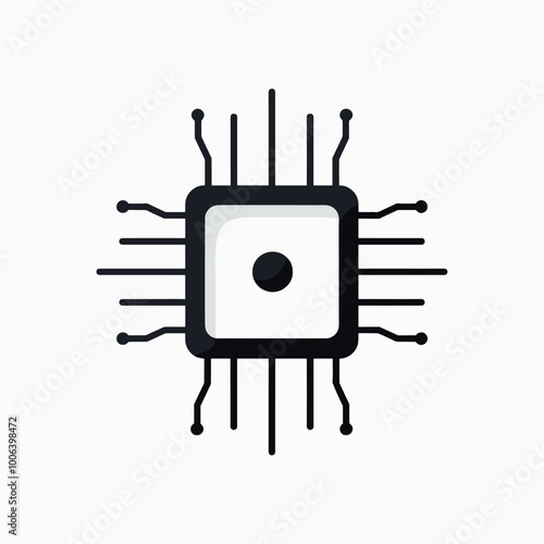 Minimalist illustration of a microprocessor chip with connecting circuits on a white background.