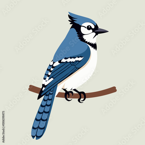 Colorful illustration of a blue jay perched on a branch.