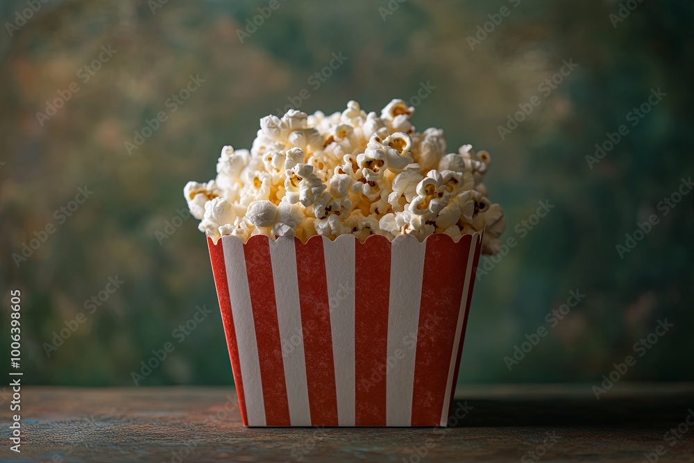 A red and white striped popcorn box filled with fluffy popcorn sits on a wooden table against a textured green backdrop. A red and white striped popcorn box filled with fluffy popcorn sits on a wooden table against a textured green backdrop.