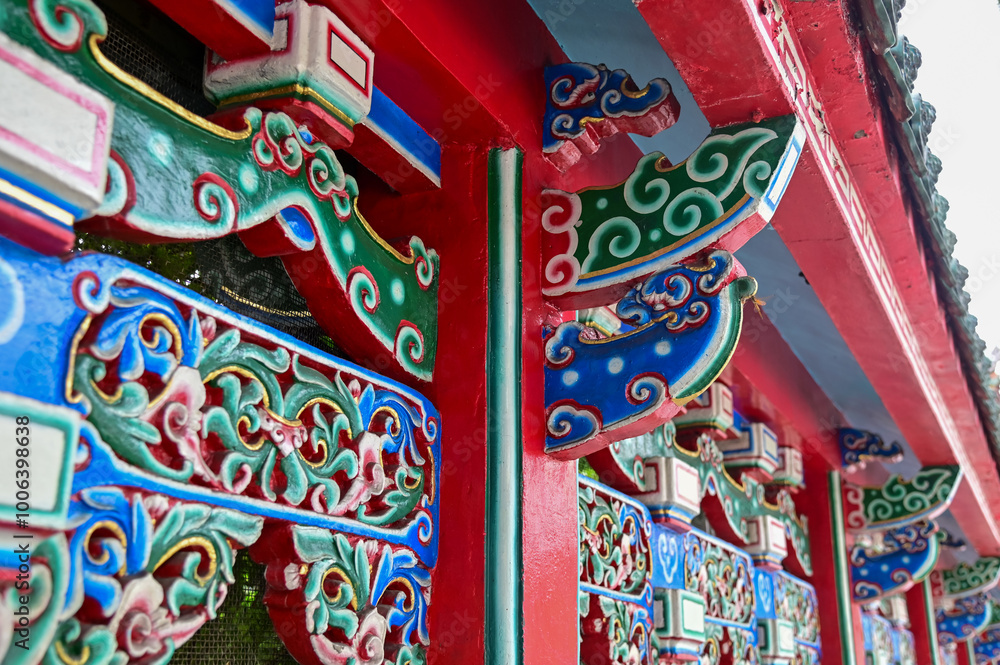 Fototapeta premium Close-up of the ornate decor on the Mengjia Longshan Temple in Taipei, Taiwan. Chinese folk religion landmark. Buddhist Temple. Religious and traditional Chinese art. 