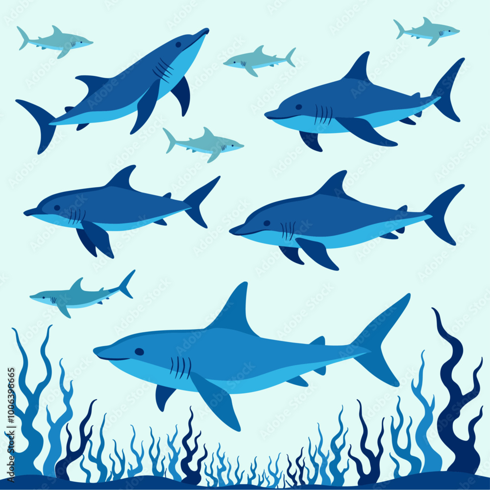 Obraz premium Illustrated sharks swimming in the ocean with a variety of sizes and blue tones.