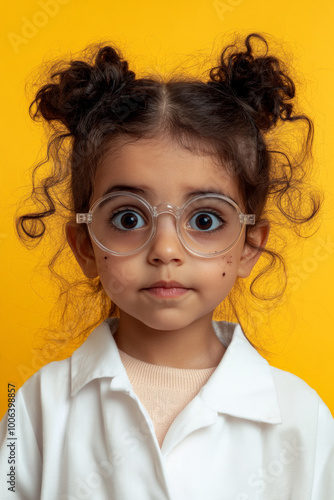 Little Arabian girl scientist with soot on her face, eyes wide in wonder, lab glasses askew, standing against a sunny yellow backdrop.