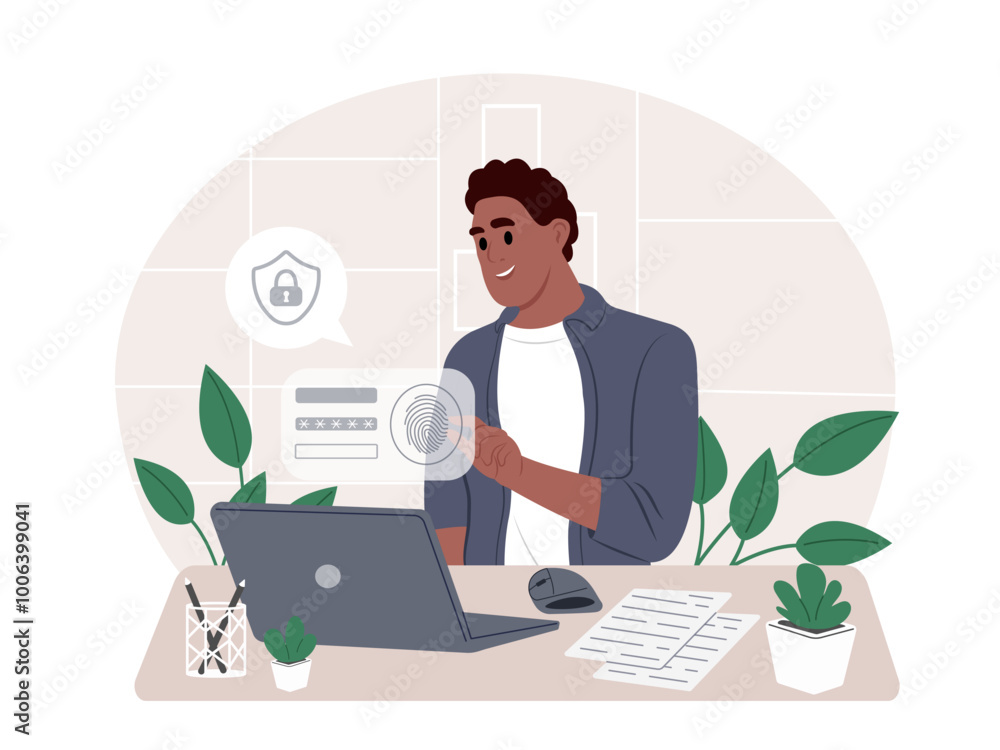 Security of access to personal data. Man uses a fingerprint login to enter his personal account. Cyber Security Awareness Month. Vector flat illustration Security of access to personal data. Man uses a fingerprint login to enter his personal account. Cyber Security Awareness Month. Vector flat illustration
