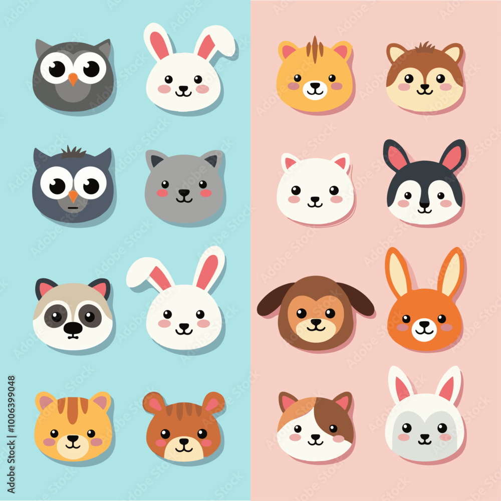 Cute animal cartoon faces with various expressions on a split blue and pink background. Cute animal cartoon faces with various expressions on a split blue and pink background.