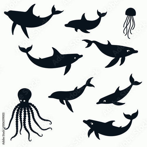 Silhouettes of various marine animals, such as sharks, dolphins, an octopus, and a jellyfish on a light background.