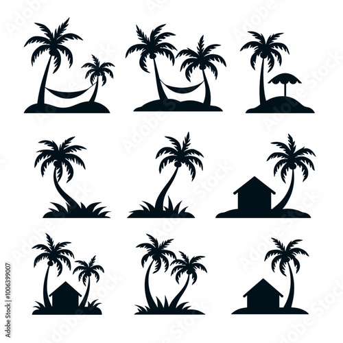 Collection of tropical island and palm tree silhouettes, showcasing various relaxing scenes in black and white.