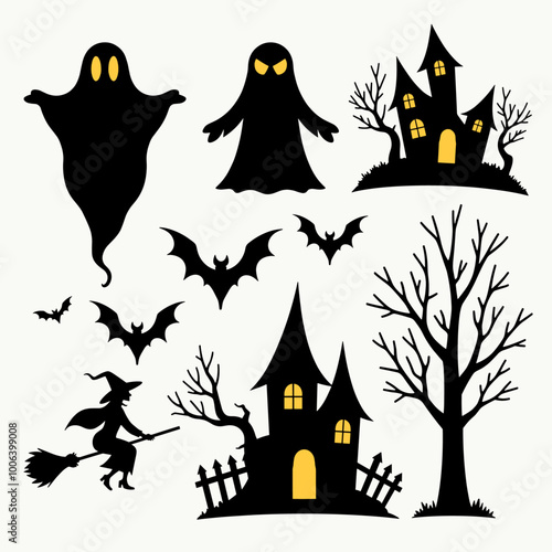 Silhouettes of Halloween-themed figures including ghosts, witches, haunted houses, bats, and eerie trees against a light background.