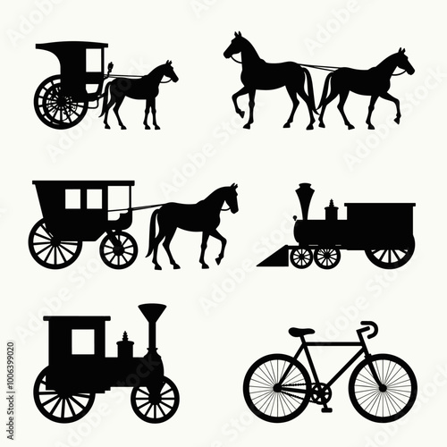 Black silhouettes depicting various modes of vintage and modern transportation including carriages, train locomotives, and a bicycle.