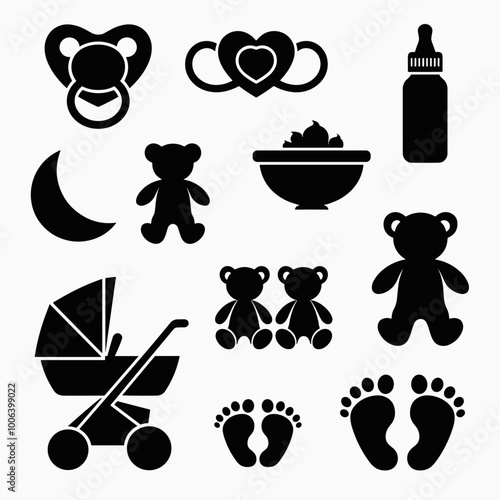 Set of black baby icons including pacifiers, teddy bears, baby bottle, stroller, and footprints.