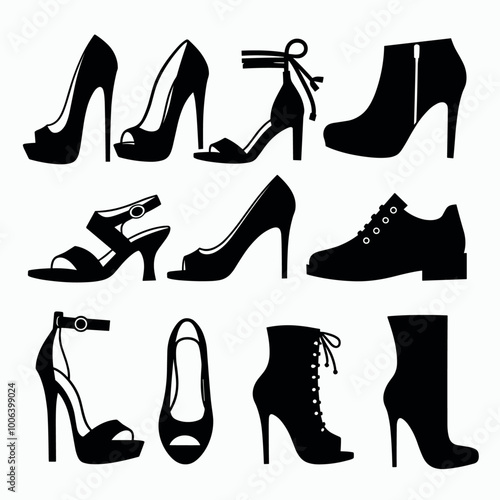 Vector illustration of various black silhouette women's footwear styles including heels, boots, and sandals.