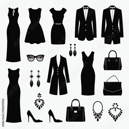 Stylish black-and-white silhouettes of various women's and men's fashion items, including dresses, suits, accessories, and shoes.