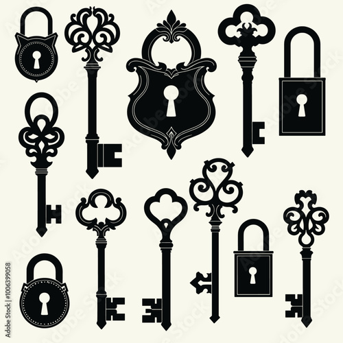 Collection of vintage black keys and padlocks with intricate designs, in silhouette style.