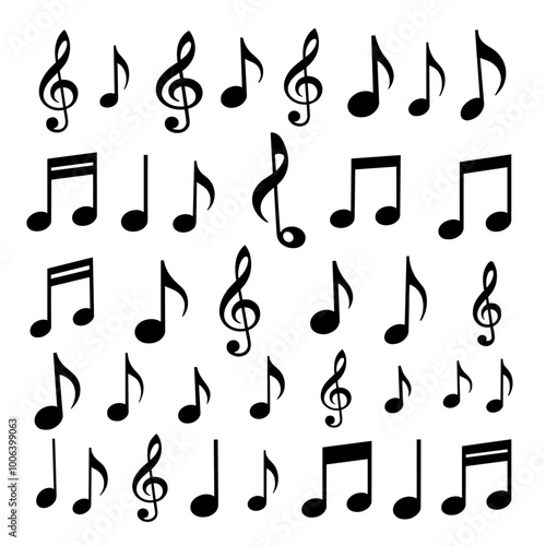 A collection of various musical notes and symbols in black, arranged on a white background.