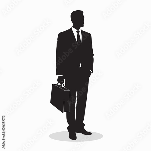 Silhouette of a man in a business suit holding a briefcase against a white background.