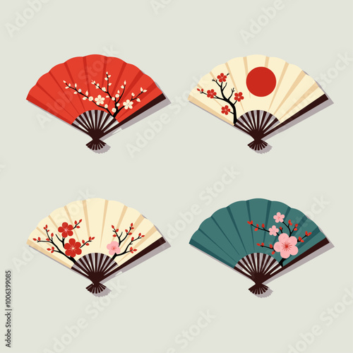 Four traditional Japanese hand fans with floral and sun designs on a light background