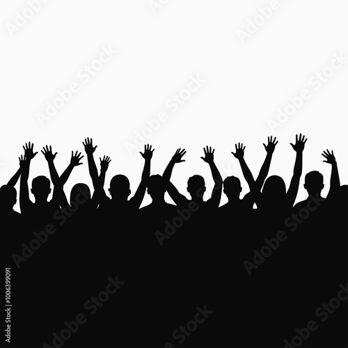 Silhouettes of a diverse crowd raising their hands in celebration against a white background.