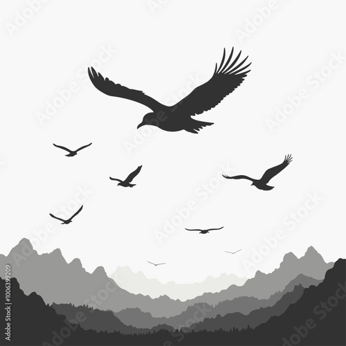 Silhouettes of birds soaring above layered mountain ranges under a pale sky.