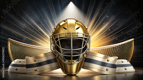 Golden hockey goalie mask with spotlights and sunburst photo