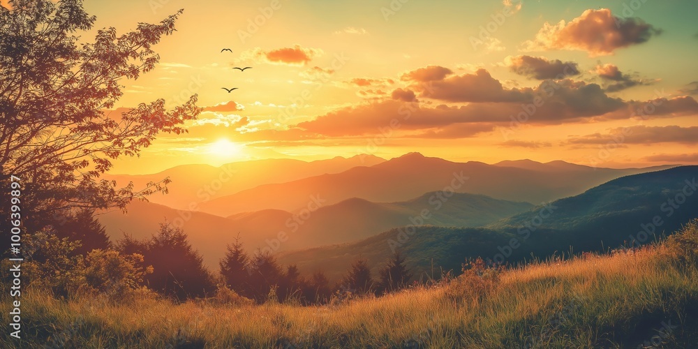 A beautiful sunset casts a golden glow over hills, with birds flying, creating a sense of tranquility and awe. A beautiful sunset casts a golden glow over hills, with birds flying, creating a sense of tranquility and awe.