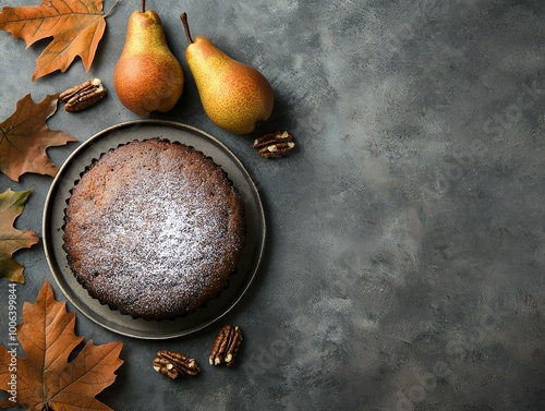 Delicious cake with pears and leaves photo