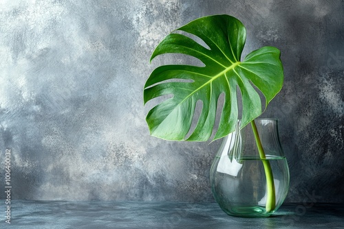 A single large green monstera leaf in a clear glass vase against a gray background. photo