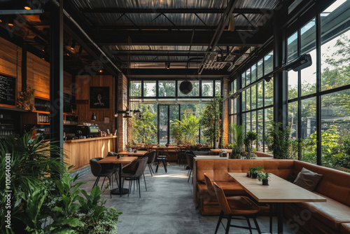 The interior of a modern coffee shop showcases minimalist decor, with a clean layout and industrial elements like steel beams and large windows. Outside, cozy seating areas are adorned with greenery,