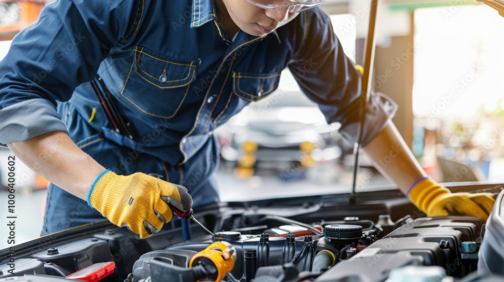 Mechanic inspecting engine with tools scattered around, symbolizing vehicle malfunction and repair process. Mechanic inspecting engine with tools scattered around, symbolizing vehicle malfunction and repair process.
