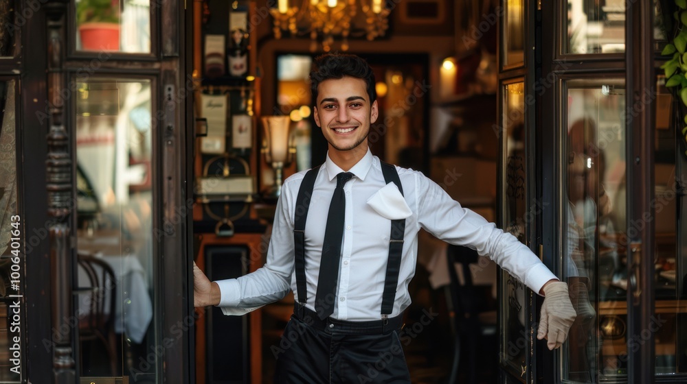 Welcoming Waiter at Restaurant Entrance Welcoming Waiter at Restaurant Entrance