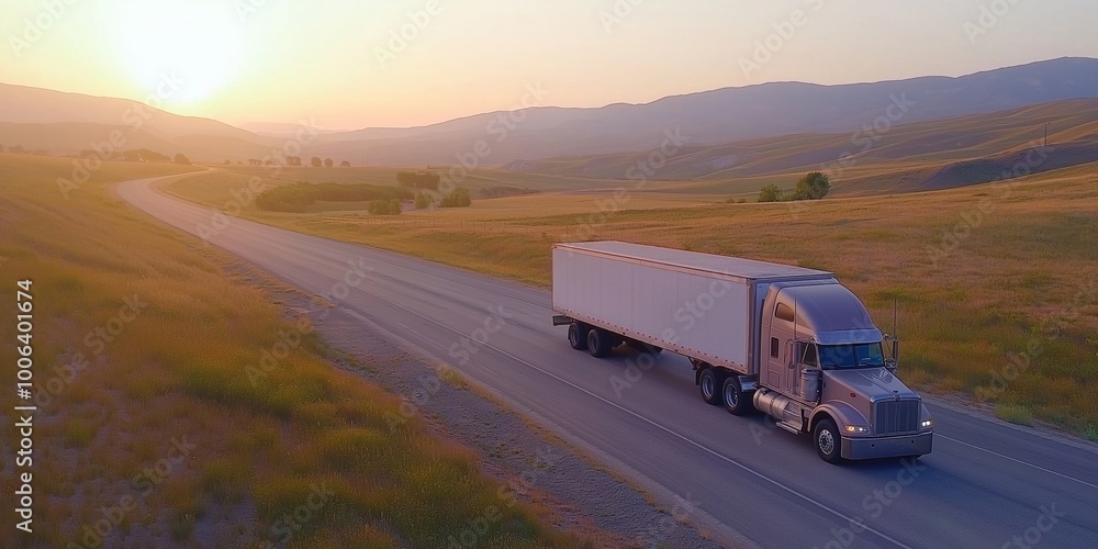 Obraz premium A semi truck is driving down a road in a field. The sun is setting in the background, creating a warm and peaceful atmosphere