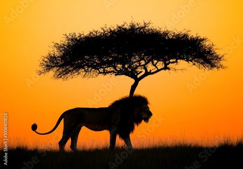 Wild nature silhouette standing against a jungle african lion sunset background