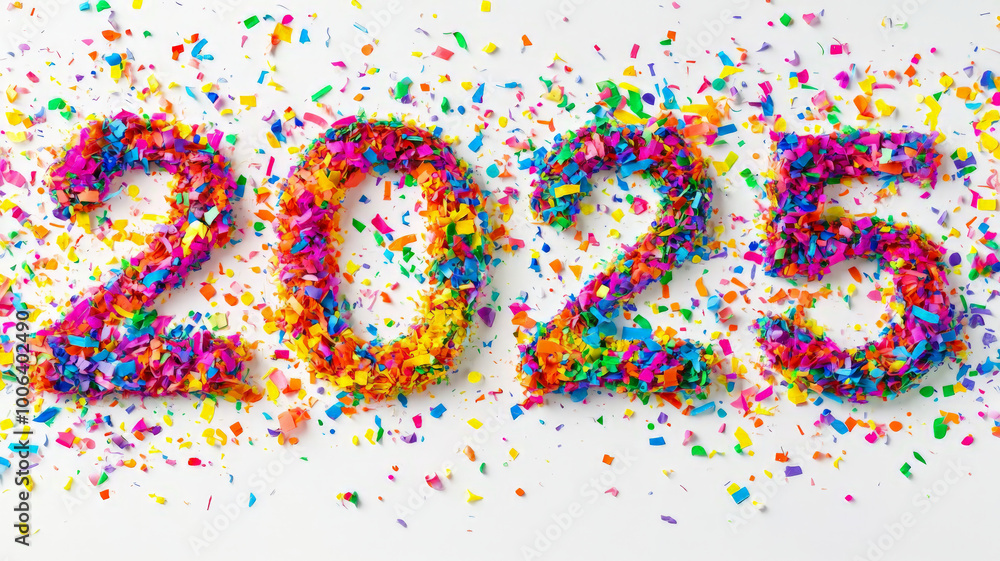 The year 2025 made from colorful confetti, scattered loosely across a white background, with each number defined by the bright particles. The year 2025 made from colorful confetti, scattered loosely across a white background, with each number defined by the bright particles.