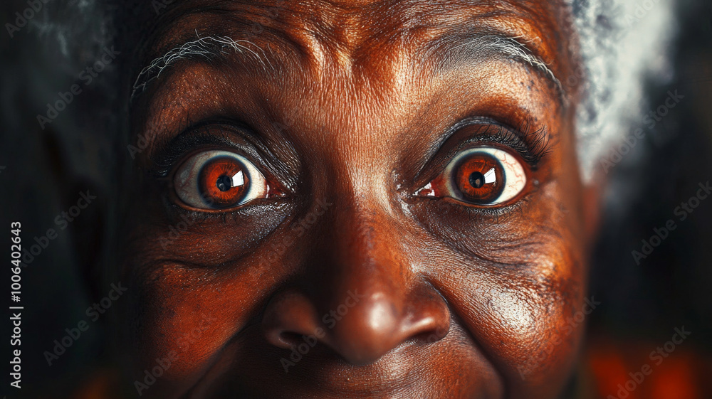 A Black grandmother with joyful, wide eyes, her face glowing with surprise, captured in a close up portrait that reflects her warmth and caring nature. A Black grandmother with joyful, wide eyes, her face glowing with surprise, captured in a close up portrait that reflects her warmth and caring nature.