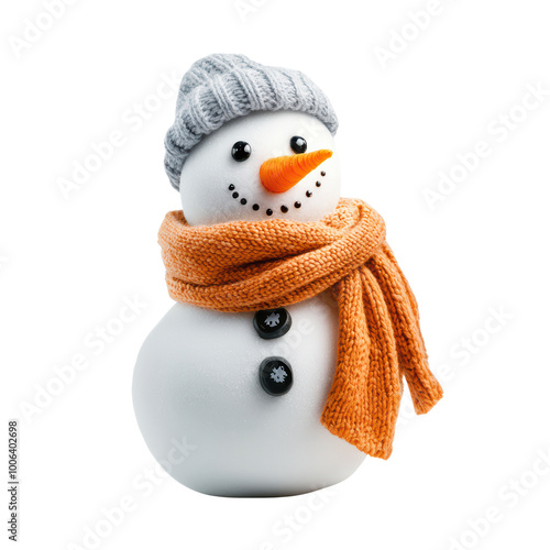 Cheerful snowman with orange scarf and knitted hat photo