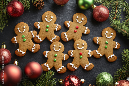 From a bird's-eye view, present a joyful assortment of gingerbread men cookies on a dark slate background, surrounded by vibrant green and red Christmas ornaments, evoking the warmth of the holiday