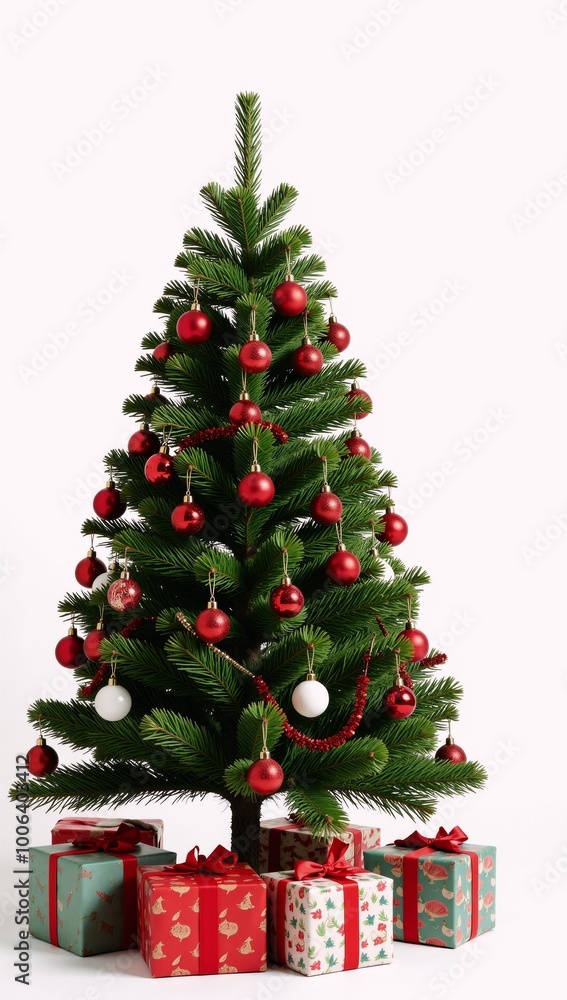 Christmas tree adorned with red decorations and gifts against a white holiday background Christmas tree adorned with red decorations and gifts against a white holiday background