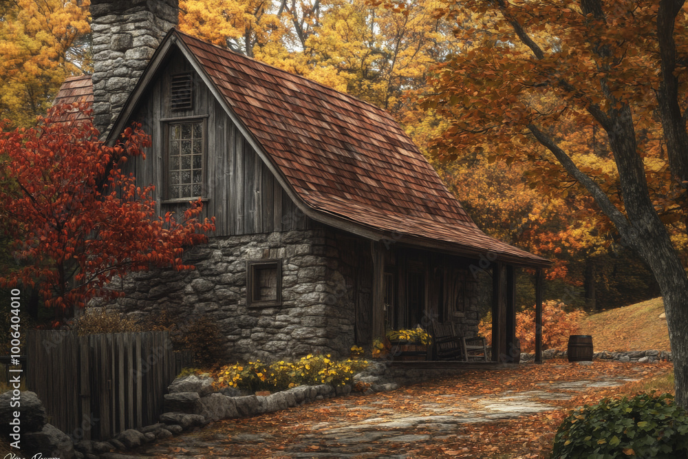 A peaceful autumn farmhouse scene with weathered wood, stone walls, and warm hues of chestnut and copper, evoking a feeling of coziness and homely comfort in a cottage setting. A peaceful autumn farmhouse scene with weathered wood, stone walls, and warm hues of chestnut and copper, evoking a feeling of coziness and homely comfort in a cottage setting.