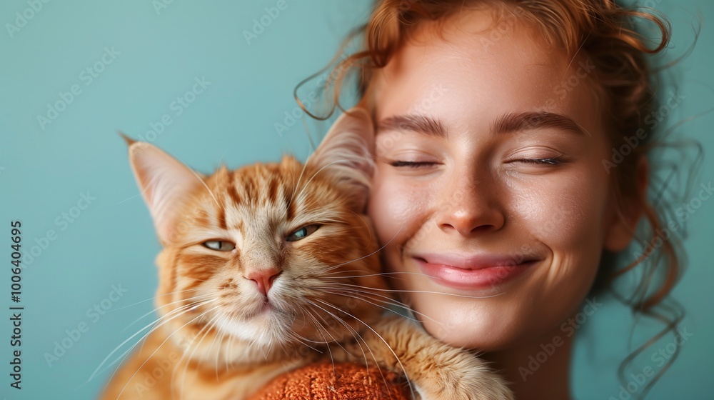 Young woman smiling with orange tabby cat Young woman smiling with orange tabby cat
