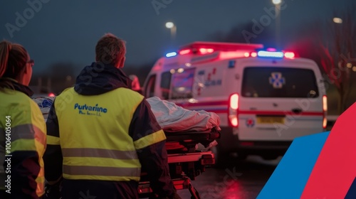 A paramedic team in reflective jackets is urgently lifting a stretcher into the back of an ambulance, illuminated by flashing emergency lights at night photo