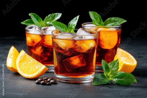 Refreshing iced beverage with mint and orange.