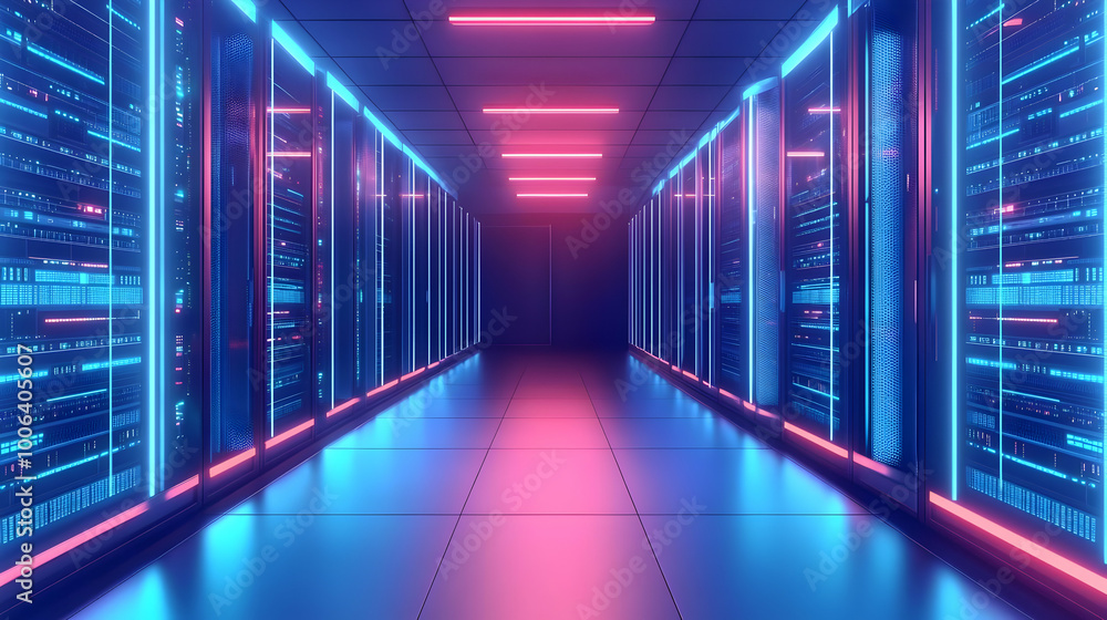 Digital 3D Rendering of a Glowing Server Room Digital 3D Rendering of a Glowing Server Room
