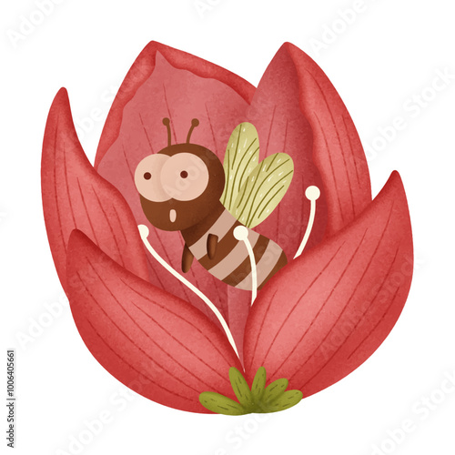 bee in pink flower cartoon illustration vector