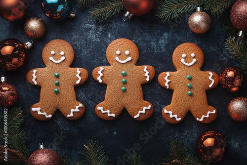 An enchanting top-down view showcases beautifully iced gingerbread men cookies set against a dark background, surrounded by colorful Christmas ornaments, evoking the festive spirit of the season.