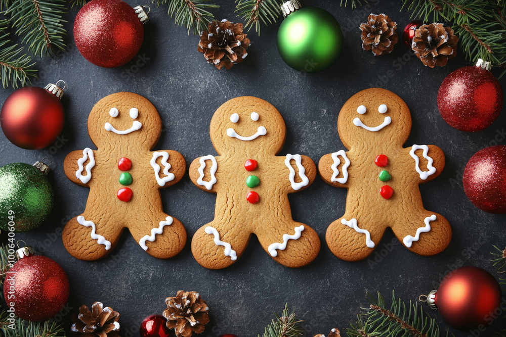 From a bird's-eye view, present a joyful assortment of gingerbread men cookies on a dark slate background, surrounded by vibrant green and red Christmas ornaments, evoking the warmth of the holiday From a bird's-eye view, present a joyful assortment of gingerbread men cookies on a dark slate background, surrounded by vibrant green and red Christmas ornaments, evoking the warmth of the holiday