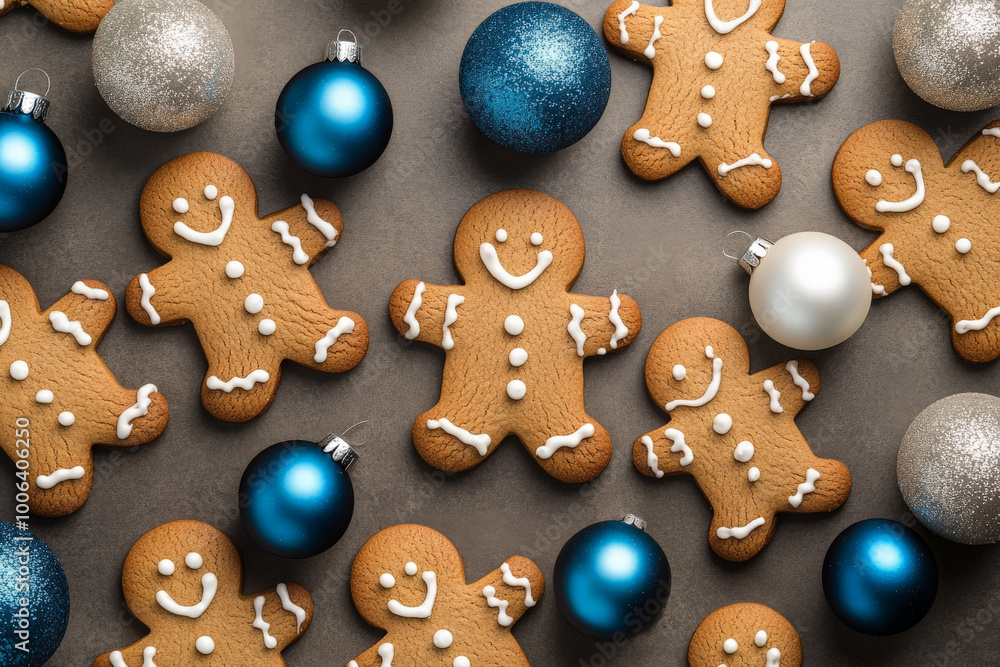 An elegant top view of gingerbread men cookies on a dark beige background, surrounded by vibrant blue and white Christmas ornaments, creating a festive and sophisticated holiday display. An elegant top view of gingerbread men cookies on a dark beige background, surrounded by vibrant blue and white Christmas ornaments, creating a festive and sophisticated holiday display.