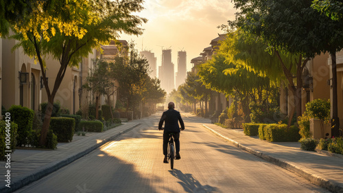Wallpaper Mural A senior Arabian businessman riding his electric bike in a quiet suburban neighborhood. The street is lined with trees, and the city skyline can be seen in the distance as twilight approaches. Torontodigital.ca